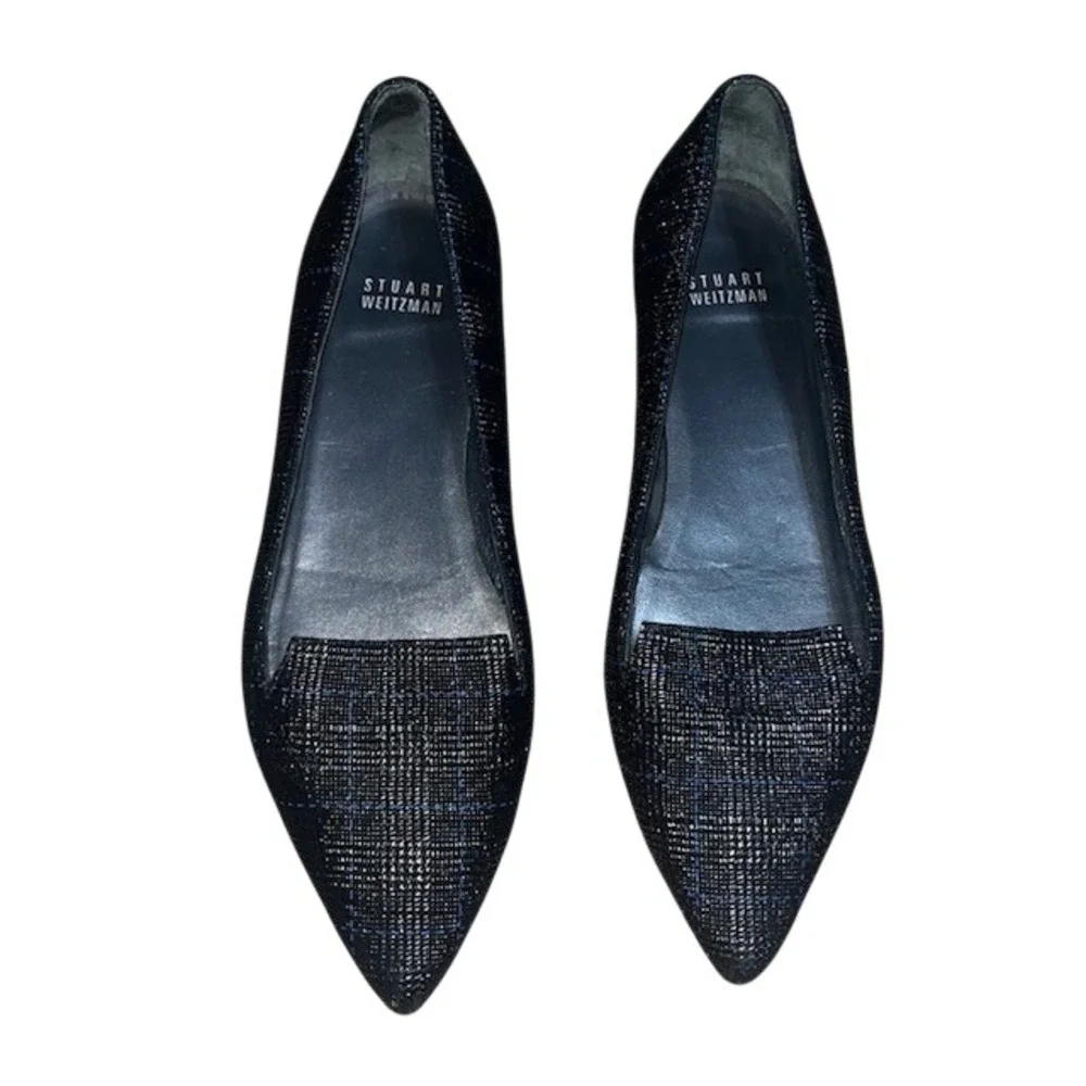 Stuart Weitzman Rialto Pointed Toe‎ Heeled Flat Plaid Metallic Black Blue 7